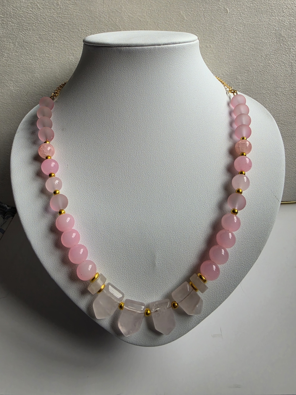 Pink Rose Quarts And Glass Bead Statement Necklace